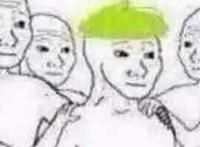 围着一个戴绿帽子的人：要坚强