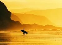 傍晚海边一个人拿着冲浪板图片