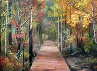 秋季枫林木板小路油画艺术图片