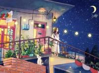 夜晚在自己的楼房上面沉思的女孩