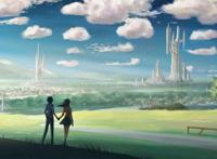 情侣郊区草地公园牵手远眺图片