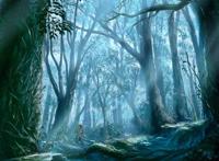 蓝色幽暗大树森林动漫图