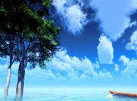 平静湖面上两棵大树和一个小舟