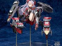 手办《碧蓝航线》的欧根亲王蜷起双腿，大胆露出雪白的绝对领域和黑色胖次