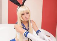 Cosplay福利/舰队Collection岛风 兔女郎 粉白条纹过膝袜美腿
