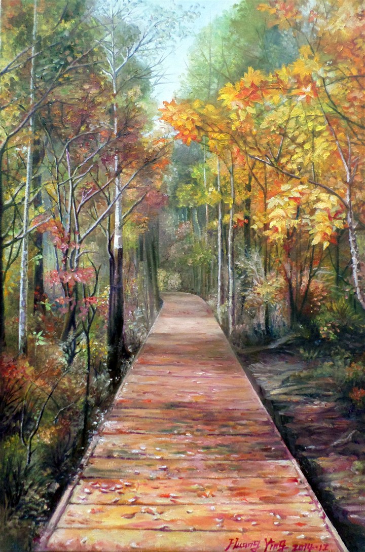 秋季枫林木板小路油画艺术图片(点击浏览下一张趣图)