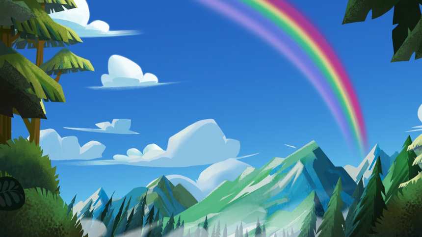 蓝天彩虹高山白云动漫景色图片(点击浏览下一张趣图)