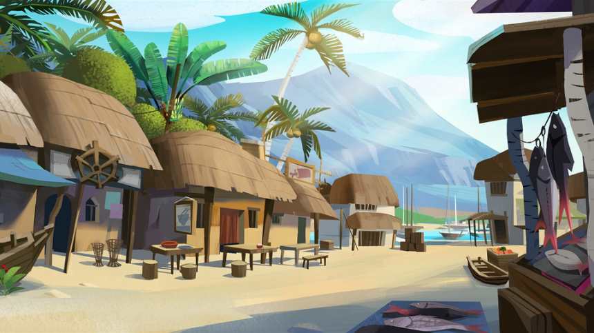 高山山脚草屋海滩椰树风景动漫图片(点击浏览下一张趣图)