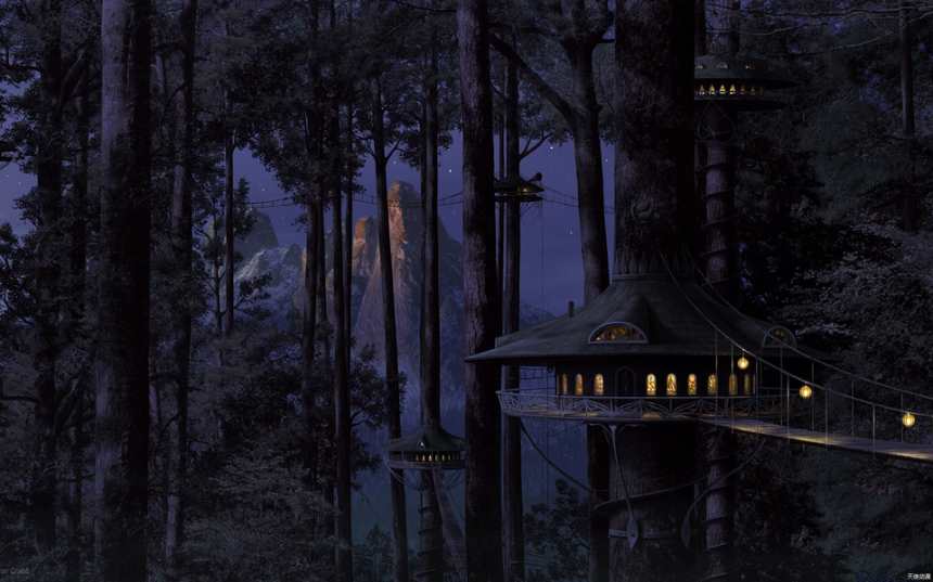 夜晚林中深处亮着灯的木屋图片(点击浏览下一张趣图)