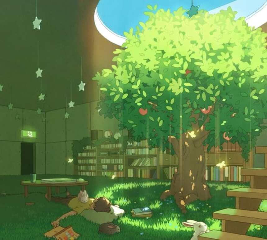 绿色的图书馆中间涨了一个大树(点击浏览下一张趣图)