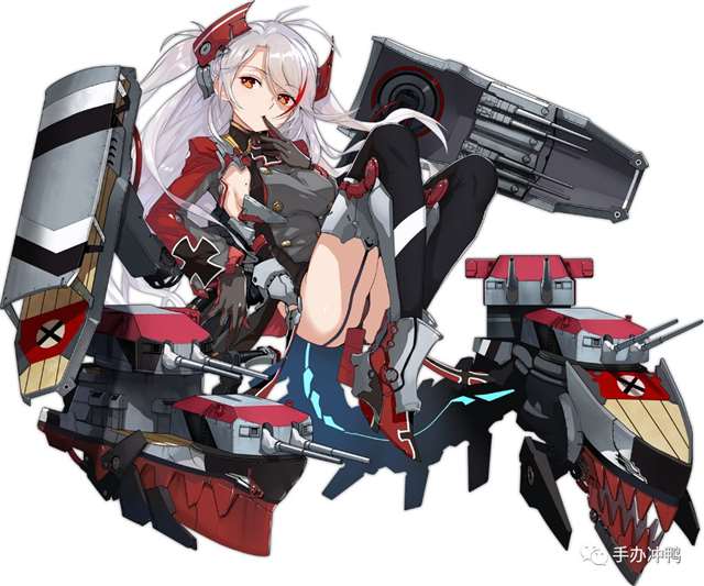 手办《碧蓝航线》的欧根亲王蜷起双腿，大胆露出雪白的绝对领域和黑色胖次