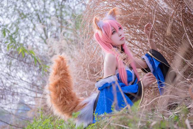 Cosplay福利/玉藻前 蓝色长筒过膝袜绝对领域