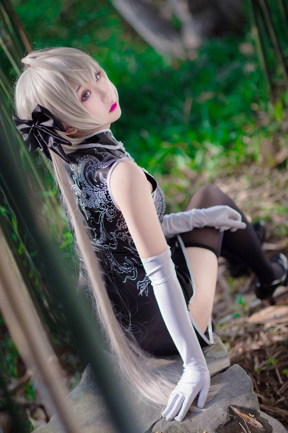 Cosplay福利/缘之空穹妹 旗袍Cosplay美图 油亮黑丝过膝袜腿玩年