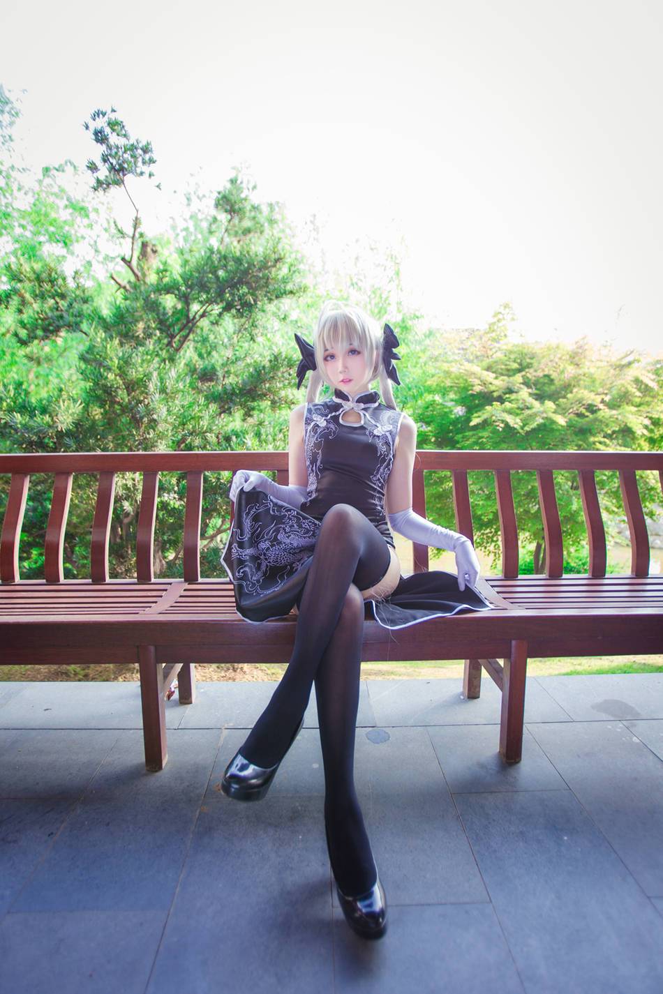 Cosplay福利/缘之空穹妹 旗袍Cosplay美图 油亮黑丝过膝袜腿玩年
