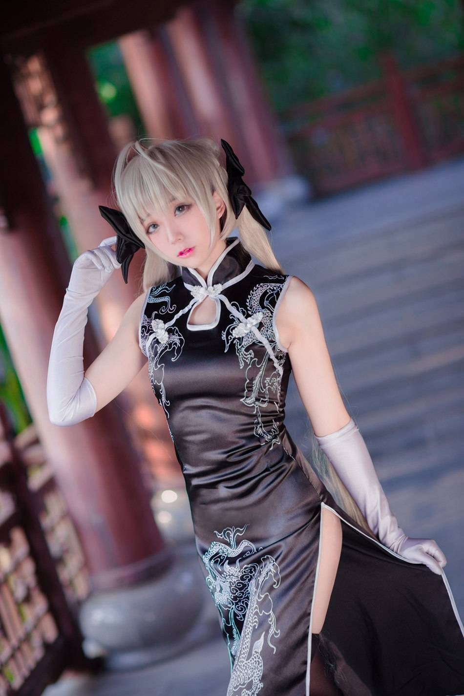 Cosplay福利/缘之空穹妹 旗袍Cosplay美图 油亮黑丝过膝袜腿玩年