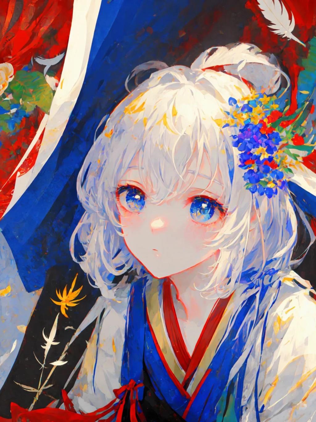 ai绘画横屏壁纸系列 关键词:白头发蓝眼睛的动漫女孩,头发上有一朵花